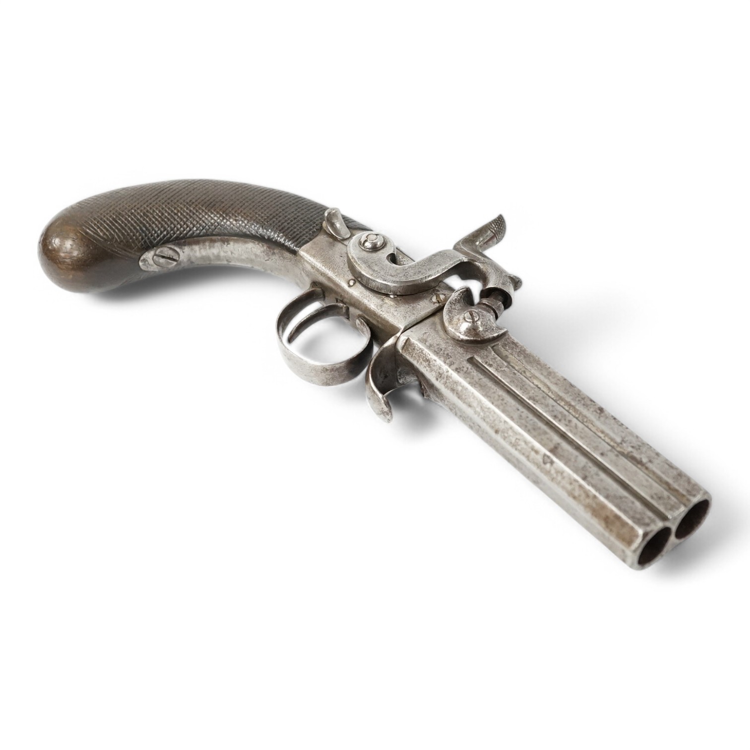 A two shot 34 bore turnover percussion travelling pistol, barrel with London and Birmingham proof marks, 9.5 cm, unsigned, sliding thumb safety catch, boxlock side hammer action, rounded chequered walnut grip with oval n